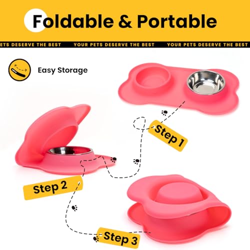 Conlun Dog Bowls with Silicone Feeding Mat,No Spill Food Water Dish Set,Dishwasher Safe,2 Stainless Steel Puppy Bowls with Dogs Bandanas,Suitable for Tiny Pets Under 8lbs,Extra Small,Pink