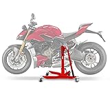 Hoher Korrisionsschutz (Ständer pulverbeschichtet, Rollen-Ausleger und Adapterplatte verzinkt). Hinweis: Zubehör wie z.B. Sturzbügel oder veränderte Fußrastenanlagen können dazu führen, dass der Ständer nicht genutzt werden kann. Bitte vor Kauf prüfen.