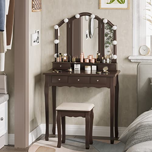 Tiptipervanitydeskmakeupvanitysetwithlightedmirrorandstooldressingtablewith5drawers3lightsettingsadjustablebrightnessespresso Urban Country Home Decor Tiptiper vanity desk makeup vanity set with lighted mirror and stool dressing table with 5 drawers 3 light settings adjustable brightness espresso urban country home decor