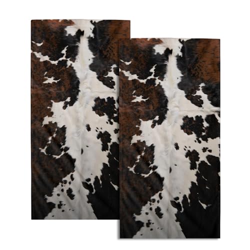 Granbey Cow Fur Texture Hand Towels 2 Pack 28x14 Inch White Black Brown Animal Skin Print Kitchen Bathroom Gym Towels