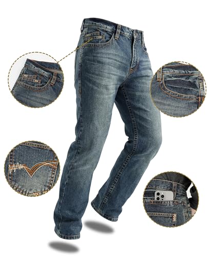 Image of BOCOMAL Non FR-Men's Heavyweight Dura-Rugged Work Jeans Mid Rise Relaxed Fit Boot Cut 7 Utility Pockets Retro Washed Jean