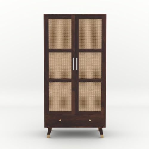 Image of Solid Sheesham Wood 2 Door Wardrobe with Rattan Cane Work & 3 Drawer | Rosewood Almirah for Bedroom Storage (Walnut Finish)