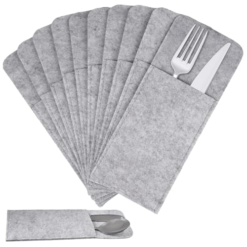 10 Stück Bestecktaschen Aus Filz,25,1x10cm Bestecktasche Filz,Filzmaterial Graue Bestecktasche mit Serviette,Stilvoll und Langlebig Tischset Platzset,Bestecktaschen für Messer,Gabeln und Essstäbchen