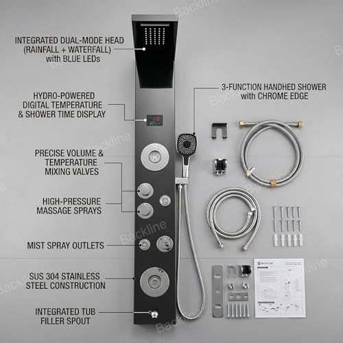 Image of Shower Panels For Bathroom SUS 304 Grade 7 in 1 With 3 Function Hand Shower | Shower System With Temperature Display Rainfall Shower |Hot & Cold Water Adjustable | Body Mist Spray | Water Spout