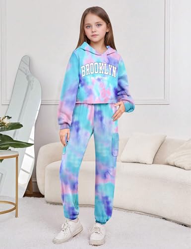 CRISONE Girls Clothes Tie Dye Brooklyn Print Tops Hoodies Sweatshirt Sweatpants with Pockets 2PCS Girl Outfits2