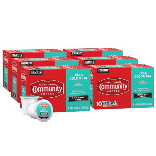 Image of Community Coffee 100% Colombia 60 Count Coffee Pods, Medium Dark Roast, Compatible with Keurig 2.0 K-Cup Brewers, 10 Count (Pack of 6)