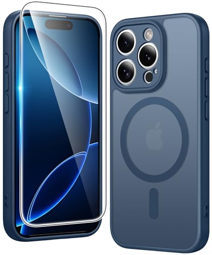 Image of FNTCASE for iPhone 16 Pro-Max Case: Matte Magnetic Phone Cases with Screen Protector Compatible with Magsafe Slim Anti Yellowing Rugged Shockproof Protective Translucent Cell Phone Cover (C-Blue)