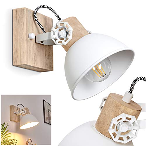 Wandleuchte Orny, verstellbare Wandlampe aus Metall/Holz in Weiß/Braun, 1-flammig, 1 x E27-Fassung max. 60 Watt, Wandspot im Retro/Vintage Design, für LED Leuchtmittel geeignet