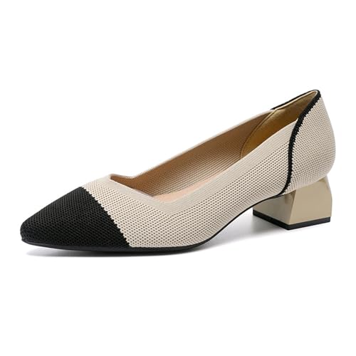 Women's Knit Mesh Block Heel Pumps Pointed Closed Toe Fashion Splicing Slip-On Pumps Outdoor Office Party Dress Shoes
