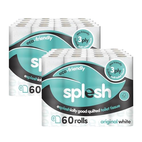 Splesh by Cusheen 3-ply Toilet Roll – White (120 Pack) Soft, Quilted Bulk Toilet Rolls, Toilet Tissue and Loo Rolls – Eco-Friendly Toilet Paper Sustainably Crafted in The UK