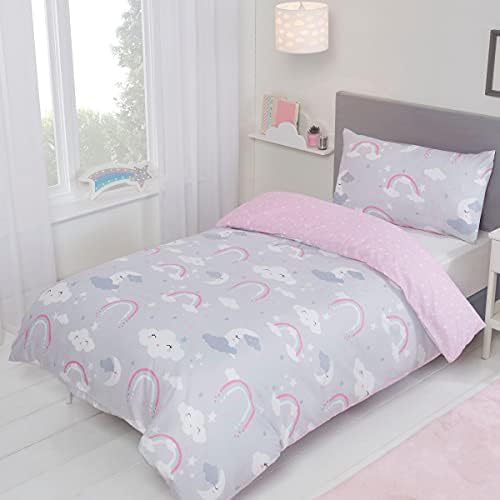Sleepdown Kids Childrens Cute Rainbow Celestial Friends Moons Clouds Stars Grey Pink Reversible Soft Easy Care Duvet Cover Quilt Bedding Set with Pillowcase - Single (135cm x 200cm)