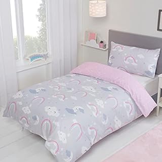 Sleepdown Kids Childrens Cute Rainbow Celestial Friends Moons Clouds Stars Grey Pink Reversible Soft Easy Care Duvet Cover Quilt Bedding Set with Pillowcase - Single (135cm x 200cm)
