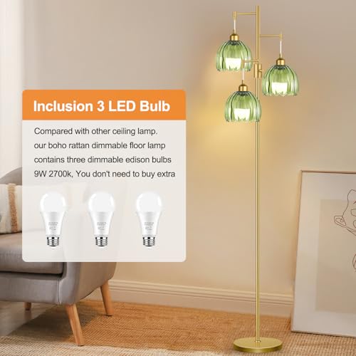 Image of ZECOXOL Dimmable Floor Lamps for Living Room-3 Light Gold Floor Lamp with Three Bulbs & Glass Lampshape, Mid Century Modern Standing Lamp Tree Tall Flower Floor Lamp for Bedroom Living Room,Corner
