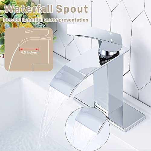 Qomolangma Waterfall Bathroom Faucet, Chrome Modern Single Handle Bathroom Faucets For 1 Or 3 Hole Bathroom Sink Faucet Mixer Tap Washbasin Faucet With Deck, Pop-Up Drain And Supply Hoses #TOP2