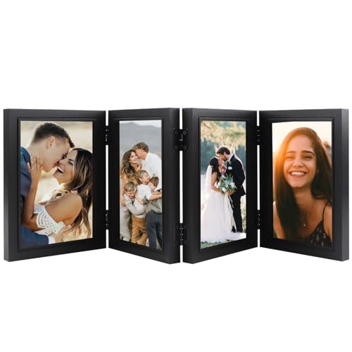 CAAGGMM Cadre Photo 4 Photos 10 x 15 cm, Cadre Photo Collage en Bois avec Charnière et Plaque Acrylique Transparente, pour Salons, Chambres à Coucher, Bureaux(Noir)