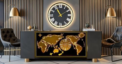 Image of METSYMetal wall hanging World Map with Clock Wall Hanging World map with led clock (Black & Gold 4*2)