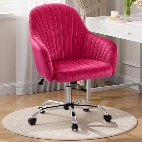 Image of AZAKEE Velvet Office Chair with Wheels & Armrests - Mid-Back Swivel Desk Chair for Home Office, Study, Bedroom & Vanity - Adjustable Height, Comfortable & Stylish (Barbie Pink)