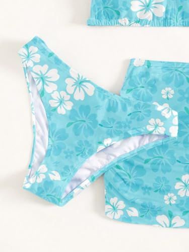 Image of COZYEASE Girls' 3 Piece Set Floral Print Bikini Swimsuit with Drawstring Beach Skirt Cute Ruched Bathing Suit