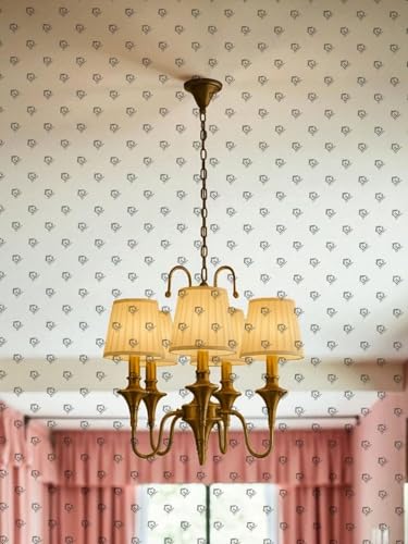 Image of Traditional Brass Chandelier, 5-Light and Double Wall Light & Single Wall Light White Fabric Shades, Chain-Mounted Ceiling Light (American, 1)
