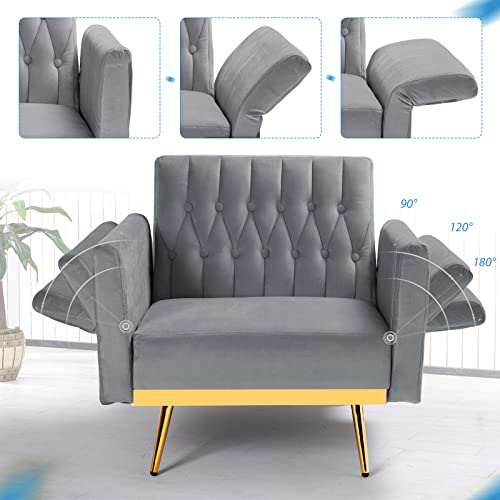Acmease Velvet Accent Chair With Adjustable Armrests And Backrest, Button Tufted Lounge Chair, Single Recliner Armchair With Ottoman And Pillow For Living Room, Bedroom, Grey #TOP4