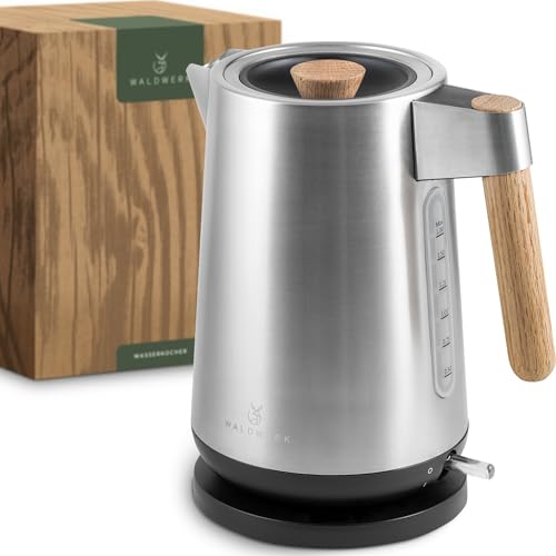WALDWERK Hervidor agua electrico Design – 3000 vatios – 1,7 L – Calentador de agua electrico de acero inoxidable – Kettle con asas de auténtica madera de roble y acero inoxidable 304 anticorrosivo
