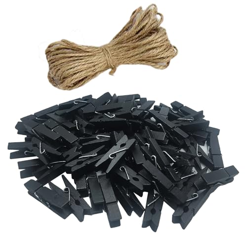 Mippein 100 pcs Sturdy Mini Small Tiny Wooden Black clothespins for Dry Laundry on Clothesline Bag Clips Crafts Photos Home School Arts Crafts Deco