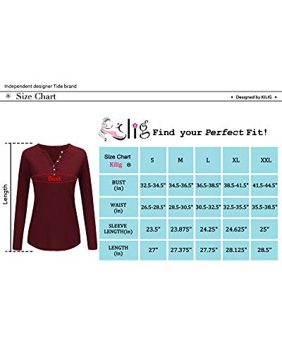 KILIG Women's Long Sleeve Henley Shirts V Neck Button T Shirt Basic Casual Plain Tops (A10-Wine, Large)