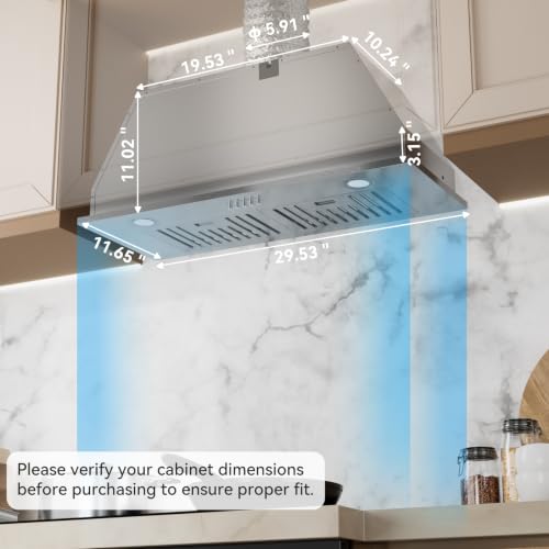 Image of Hermitlux 30 inch Built-in /Insert Range Hood, 600 CFM 3 Speed Vent Hood, Ducted /Ductless Convertible, Stainless Steel Range Hoods with Bright LED Light, Baffle Filters and Charcoal Filters