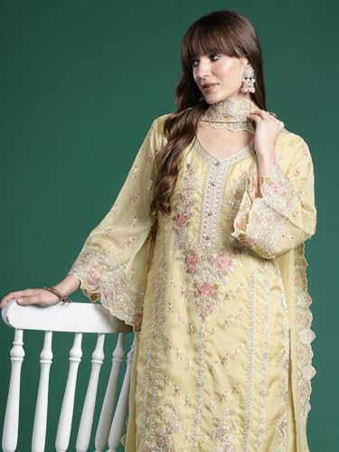 Image of INDO ERA Women Organza Straight Ethnic Motifs Embroidered Kurta And Pant With Dupatta Set (KH9YL10613)