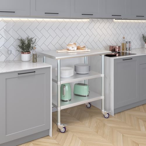 Image of AmGood Stainless Steel Work Table with 2 Shelves and Casters | Metal Utility Table On Wheels (Stainless Steel Work Table with 2 Shelves + Casters, 36 inch Long x 24 inch Deep)