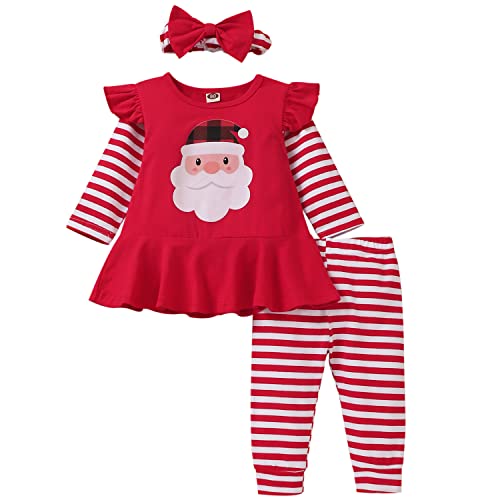 Image of HIHA Infant Toddler Baby Girl Christmas Outfit Ruffle Long Sleeve My First Christmas Dress Pants Clothes Set Plaid Santa Baby