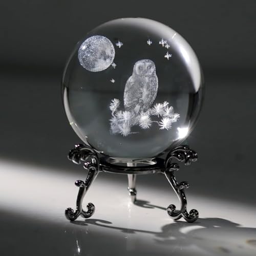 3D Cute Owl Crystal Ball Gifts for Women Girlfriend, K9 Crystal Decorative Ball Engraved Owl Figurine Paperweight with Metal Base for Home Office Decoration for Birthday Christmas