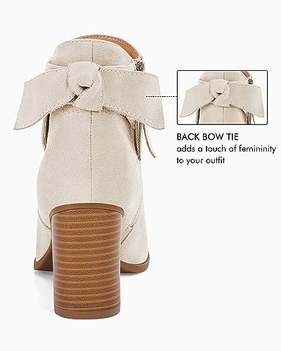 Coutgo Women's Fall Ankle Boots Shoes Chunky Block Stacked Heel Bow Tie Pointed Toe Dress Booties Side Zipper4