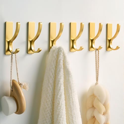 Image of Adhesive Wall Hooks for Towels Coats - Stick On Hooks Hanging Heavy Duty (13lb), Metal Hook for Door, Bathroom, Dorm, Closet - Hanger for Purse, Bag, Robe,Backpack - No Damage to Wall - Gold 6 Pack