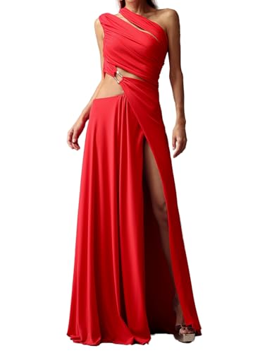 BELLA BARNETT Red Halter Sequin Embroidery Ruched Bodycon Dress for Women Maxi Sexy Backless Cocktail Party Dress