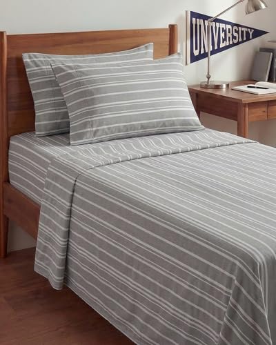 Image of Twin XL 4 Piece Sheet Set - College Dorm Room Essentials - Grey Stripes | Ultra Soft Dorm Bedding Set, 8 inch to 16 inch Inch Deep Pockets, 1 Flat & 1 Fitted Sheet & 2 Pillowcases, Wrinkle & Fade Free