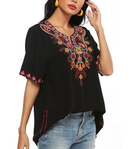Higustar Mexican Embroidered Tops for Women Bohemian Peasant Shirts Boho Tunic Traditional Clothes Floral Fiesta Blouse3