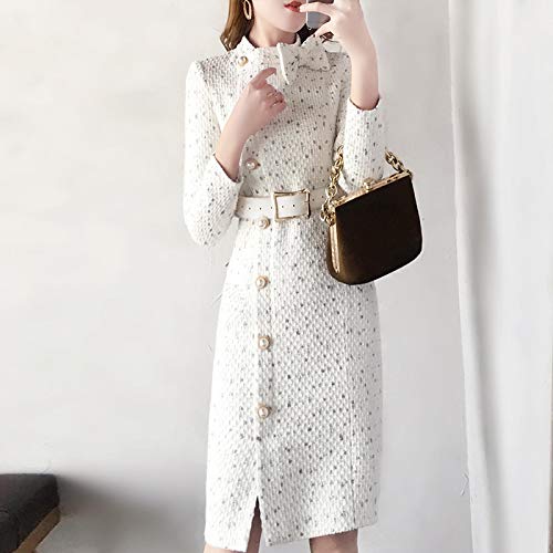 Hübsches Damen Kleid - Elegantes Angepasstes Tweed Dress Mit Pearl Button, Sexy Split, Langarm, Gürtel - Bleistift Silhouette - M Weiß