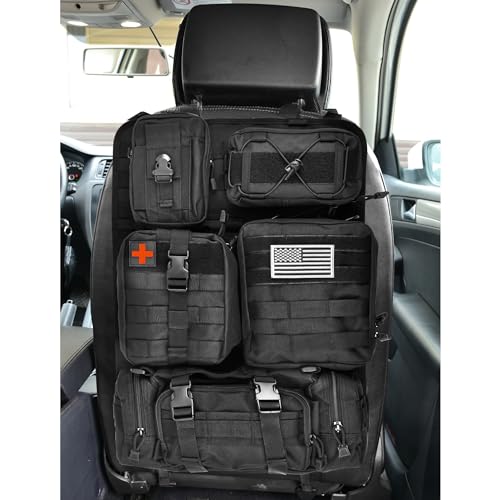 MOTOTIPS Tactical Seat Back Organizer, Molle Seat Back Organizer Panel With 5 Detachable Multi-Purpose Molle Pouch Fit For Car Trucks Ford Jeep, Black