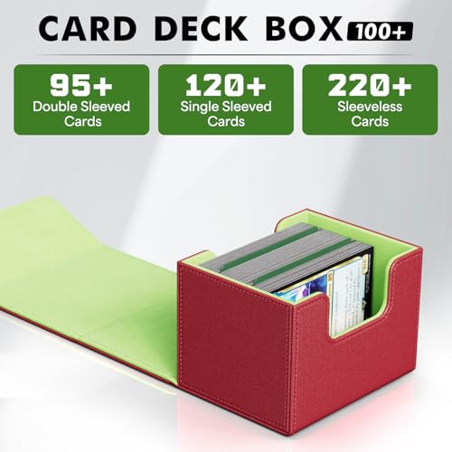 Image of ZLCA Card Deck Box for Trading Cards, MTG Commander Deck Box Holds 120+ Single Sleeved Cards, Leather Magnetic Card Storage Box Fits for TCG CCG Magic Cards (Red&Green)