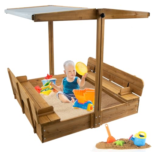 Ketive Sandbox with Cover, Wooden Sandbox with Canopy Rotatable Canopy, Adjustable Height, and UV-Resistant, 47 x 47 inch Sand Boxes for Kids Outdoor with Lid