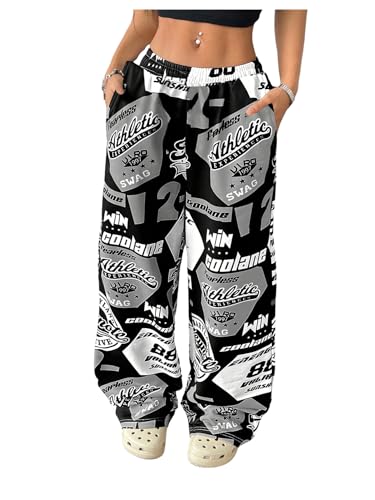 Floerns Women's Plus Size Letter Graphic Baggy Pants Elastic Waist Casual Loose Trousers