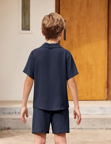 Image of Arshiner Boys 2 Pieces Summer Beach Outfits Short Sleeve Button Down Shirts and Shorts Vacation Texture Sets for Kids