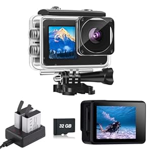 Action Camera with 32GB Memory Card Waterproof Cameras 4*Zoom Dual Screen 131FT(40m) Waterproof Underwater Camera with 2X Batteries and Multifunctional Accessories Action Cam