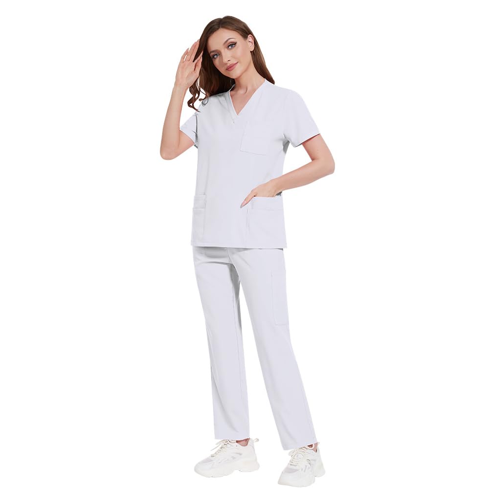 Set di uniformi mediche da donna, con scollo a V, maniche corte, pantaloni a gamba dritta, 8 tasche, elastico con coulisse, traspirante, DK77