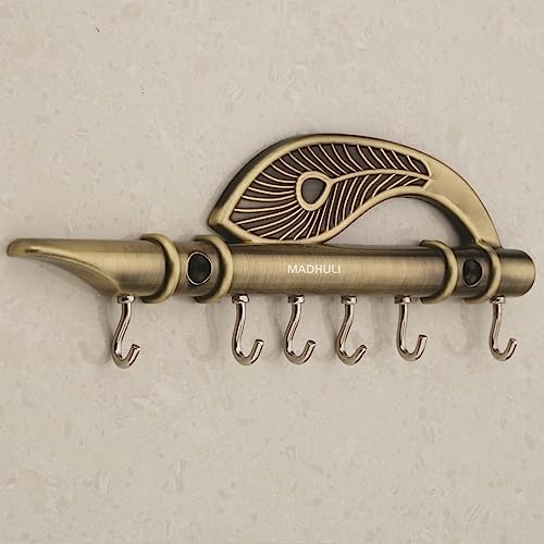 MADHULI Key Stand Key Holder Lord Krishna's Flute & Peacock Quills Key Stand Key Holder for Home & Office Antique Brass