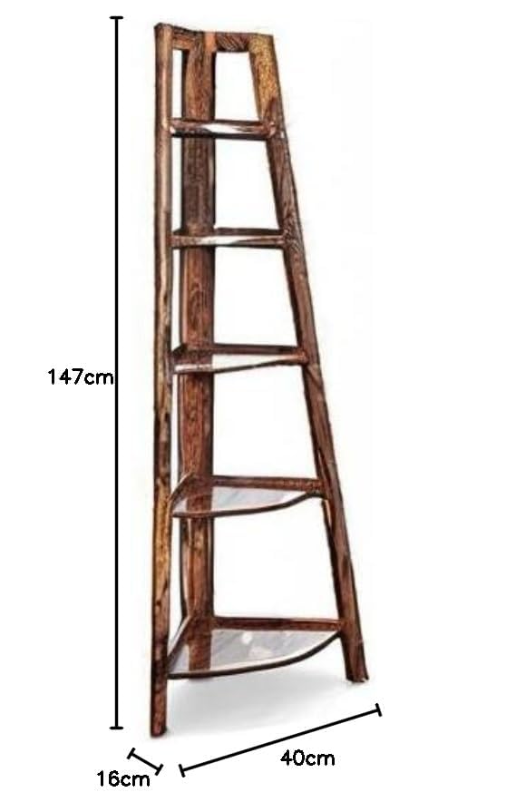 Image of HITHOS Solid Sheesham Wood 5 Tier Corner Shelf | Wooden Ladder Bookcase for Living Room, Bedroom and Office | Floor Standing Home Decor Display Rack for Plants & Books (Brown Finish)