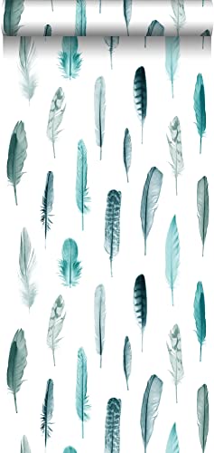 papel pintado plumas turquesa y blanco mate - 138895 - de ESTAhome Cover