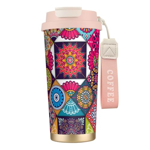 タンブラー エスニック柄 マンダラ柄 曼荼羅 マグボトル コーヒーカップ 水筒 保温 保冷 ウォーターボトル 蓋付き ストロー付き 直飲み おしゃれ プレゼント
