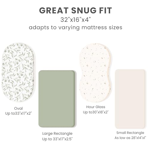 Image of Konssy 3 Pack Stretchy Bassinet Sheets for Baby Girl Boy, Soft Breathable Baby Bassinet Mattress Sheets Fit for Hourglass Oval Cradle, Moses Basket Rectangle Mattress (Green Leaves)